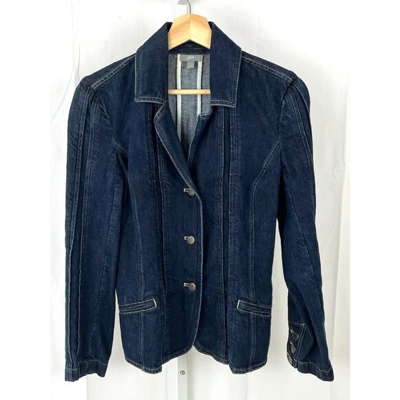 J. JILL Denim Sz 2 Blazer Jean Jacket Prairie Style Cotton Linen Dark Wash Blue - Picture 6 of 12